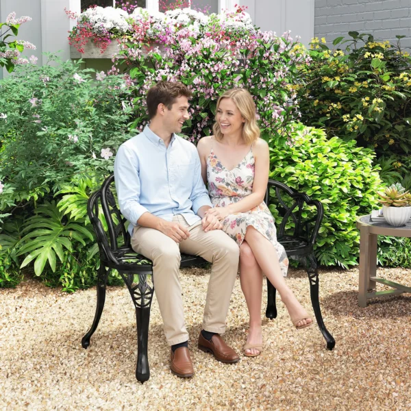 Tuinbank 2 zits Gietaluminium Weerbestendig Buitenbank Met Tulpen rugleuning Bloemenmotief 99 X 57 X 78 Cm