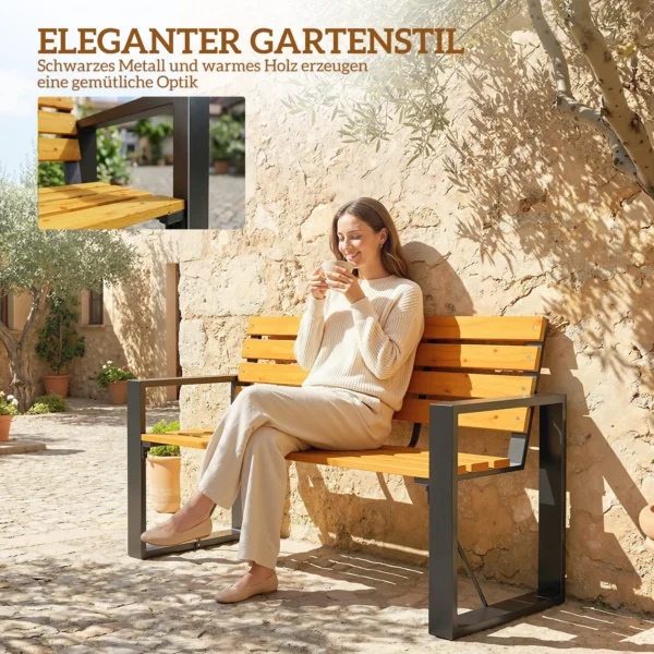 Tuinbank 2 zits Weerbestendige Houten Bank Met Lamellenontwerp Armleuningen, Houten Zitbank Tot 240 Kg Natuurhout