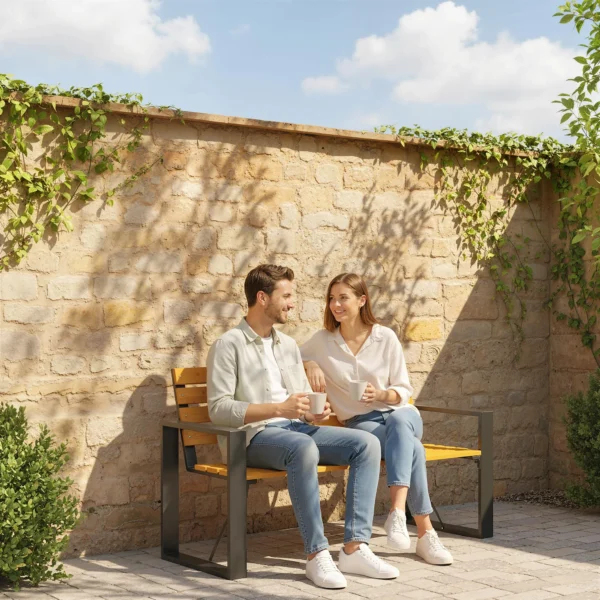 Tuinbank 2 zits Weerbestendige Houten Bank Met Lamellenontwerp Armleuningen, Houten Zitbank Tot 240 Kg Natuurhout