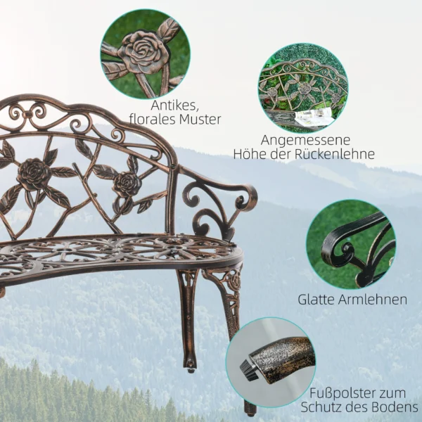 Tuinbank Voor 2 Personen Van Metaal, Retro stijl Zitbank, Parkbank Met Bloemenpatroon 100 X 54 X 78 Cm, Brons