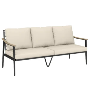 Tuinbank Voor 3 Personen Rattan Loungesofa Met Afneembare Kussens Houtlook armleuningen Stalen Frame Khaki