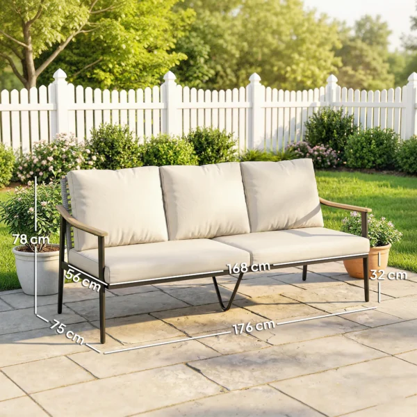 Tuinbank Voor 3 Personen Rattan Loungesofa Met Afneembare Kussens Houtlook armleuningen Stalen Frame Khaki