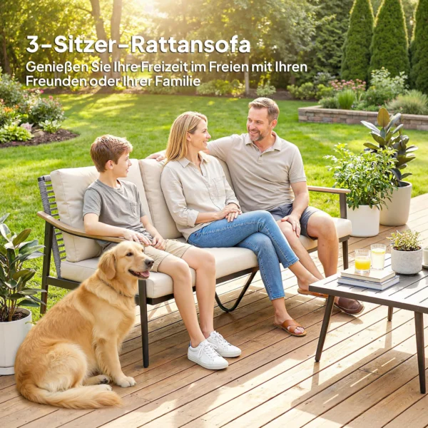 Tuinbank Voor 3 Personen Rattan Loungesofa Met Afneembare Kussens Houtlook armleuningen Stalen Frame Khaki