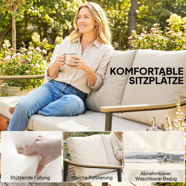 Tuinbank Voor 3 Personen Rattan Loungesofa Met Afneembare Kussens Houtlook armleuningen Stalen Frame Khaki