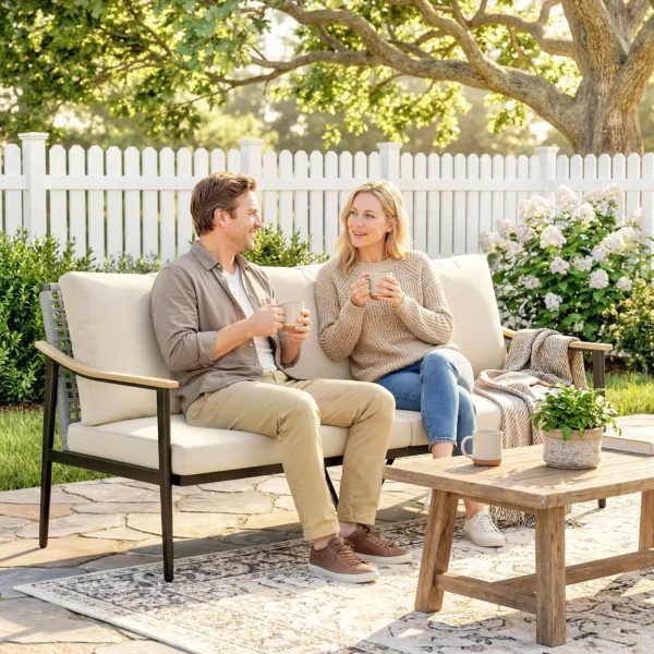 Tuinbank Voor 3 Personen Rattan Loungesofa Met Afneembare Kussens Houtlook armleuningen Stalen Frame Khaki