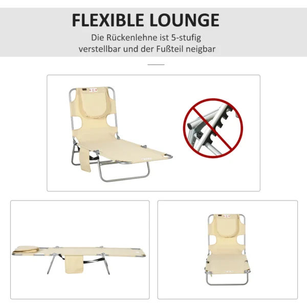 Tuinligstoel, Ligstoel Met Gepolsterde Gezichtsopening, Massage ligstoel Voor Buiten, Zijtas, Stof, Metaal, Beige