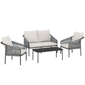 Tuinmeubelset 4 delig Polyrattan Lounge Set Met Tweezitsbank, 2 Fauteuils, Salontafel, Afneembare Kussens, Bindlinten