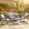 Tuinmeubelset 4 delig Polyrattan Lounge Set Met Tweezitsbank, 2 Fauteuils, Salontafel, Afneembare Kussens, Bindlinten