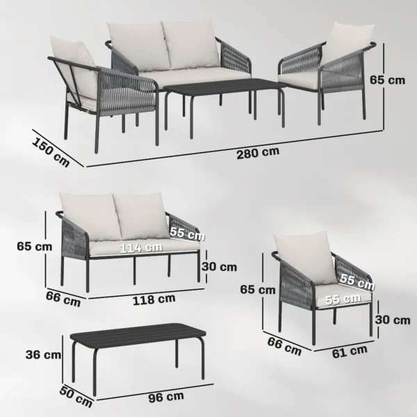 Tuinmeubelset 4 delig Polyrattan Lounge Set Met Tweezitsbank, 2 Fauteuils, Salontafel, Afneembare Kussens, Bindlinten
