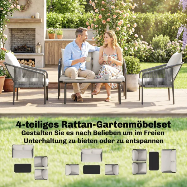 Tuinmeubelset 4 delig Polyrattan Lounge Set Met Tweezitsbank, 2 Fauteuils, Salontafel, Afneembare Kussens, Bindlinten