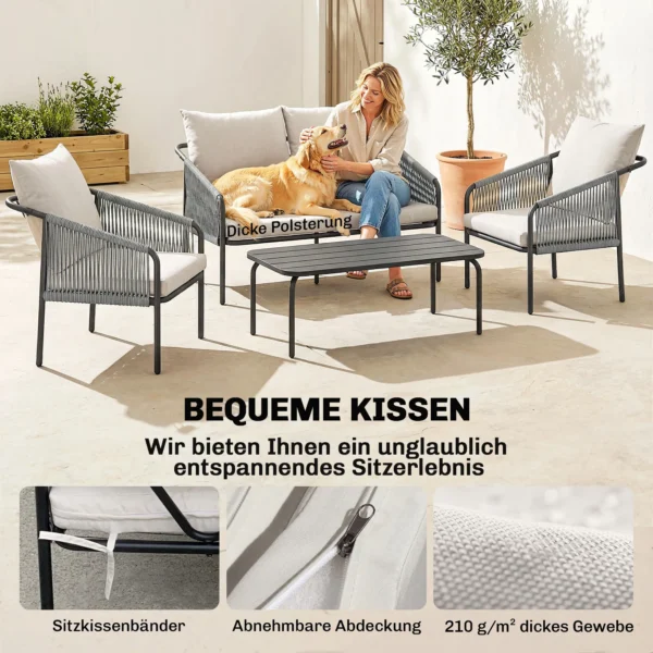 Tuinmeubelset 4 delig Polyrattan Lounge Set Met Tweezitsbank, 2 Fauteuils, Salontafel, Afneembare Kussens, Bindlinten