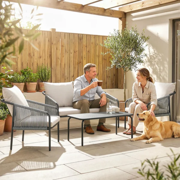 Tuinmeubelset 4 delig Polyrattan Lounge Set Met Tweezitsbank, 2 Fauteuils, Salontafel, Afneembare Kussens, Bindlinten