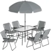 Tuinmeubelset Zitgroep 119 X 68cm Glazen Tafel Met 6 Klapstoelen Parasol Watergolfpatroon Grijs