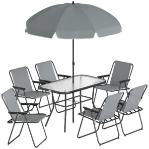 Tuinmeubelset Zitgroep 119 X 68cm Glazen Tafel Met 6 Klapstoelen Parasol Watergolfpatroon Grijs