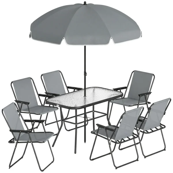 Tuinmeubelset Zitgroep 119 X 68cm Glazen Tafel Met 6 Klapstoelen Parasol Watergolfpatroon Grijs