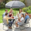 Tuinmeubelset Zitgroep 119 X 68cm Glazen Tafel Met 6 Klapstoelen Parasol Watergolfpatroon Grijs