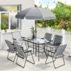 Tuinmeubelset Zitgroep 119 X 68cm Glazen Tafel Met 6 Klapstoelen Parasol Watergolfpatroon Grijs