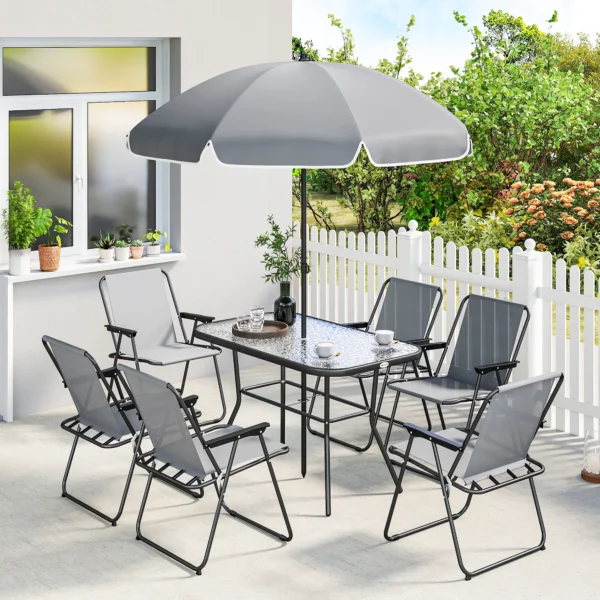Tuinmeubelset Zitgroep 119 X 68cm Glazen Tafel Met 6 Klapstoelen Parasol Watergolfpatroon Grijs