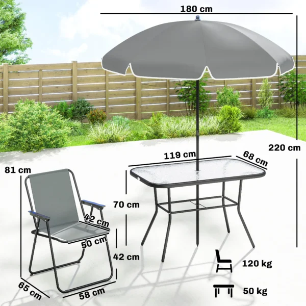 Tuinmeubelset Zitgroep 119 X 68cm Glazen Tafel Met 6 Klapstoelen Parasol Watergolfpatroon Grijs
