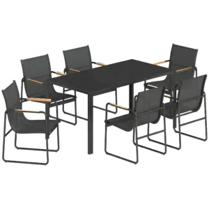 Tuinmeubelset Zitgroep 150 X 80cm Glazen Tafel Met 6 Ademende Stoelen Decoratieve Armleuningen Zwart
