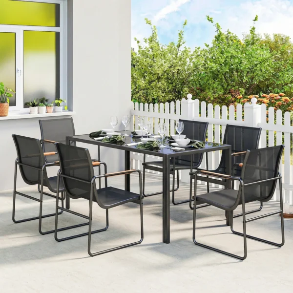 Tuinmeubelset Zitgroep 150 X 80cm Glazen Tafel Met 6 Ademende Stoelen Decoratieve Armleuningen Zwart