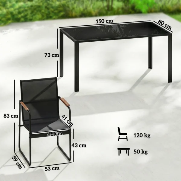 Tuinmeubelset Zitgroep 150 X 80cm Glazen Tafel Met 6 Ademende Stoelen Decoratieve Armleuningen Zwart