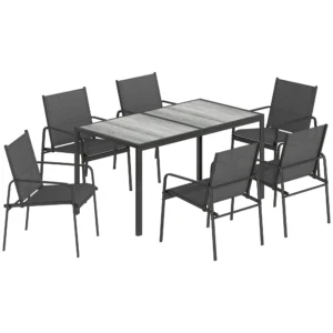 Tuinmeubelset Zitgroep 150 X 80cm Tafel Met 6 Ademende Stoelen Houtlook Stalen Frame Zwart