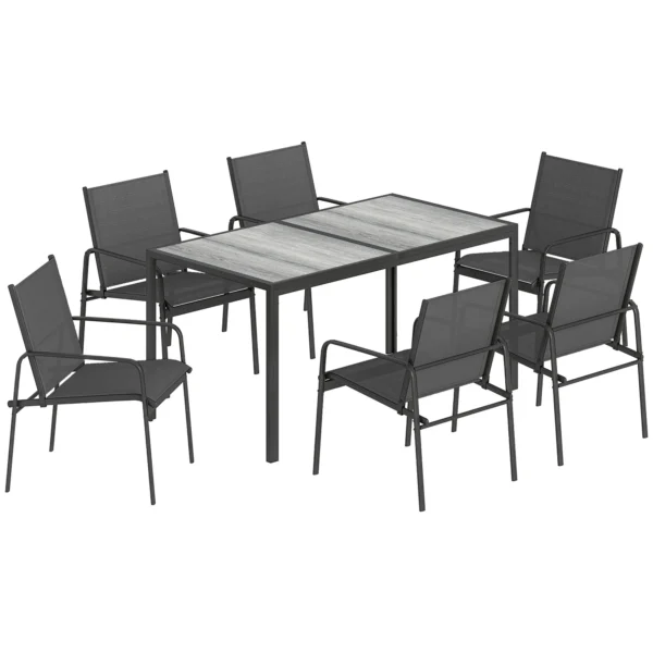 Tuinmeubelset Zitgroep 150 X 80cm Tafel Met 6 Ademende Stoelen Houtlook Stalen Frame Zwart