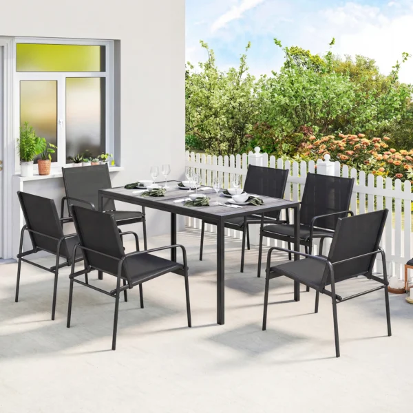Tuinmeubelset Zitgroep 150 X 80cm Tafel Met 6 Ademende Stoelen Houtlook Stalen Frame Zwart