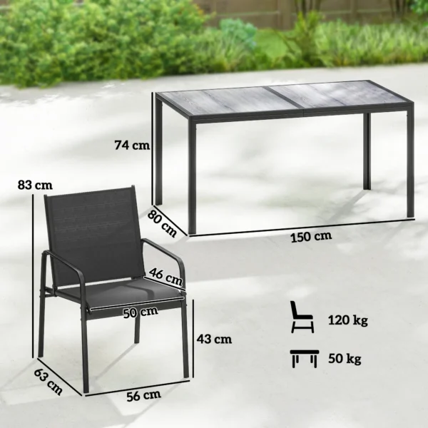 Tuinmeubelset Zitgroep 150 X 80cm Tafel Met 6 Ademende Stoelen Houtlook Stalen Frame Zwart