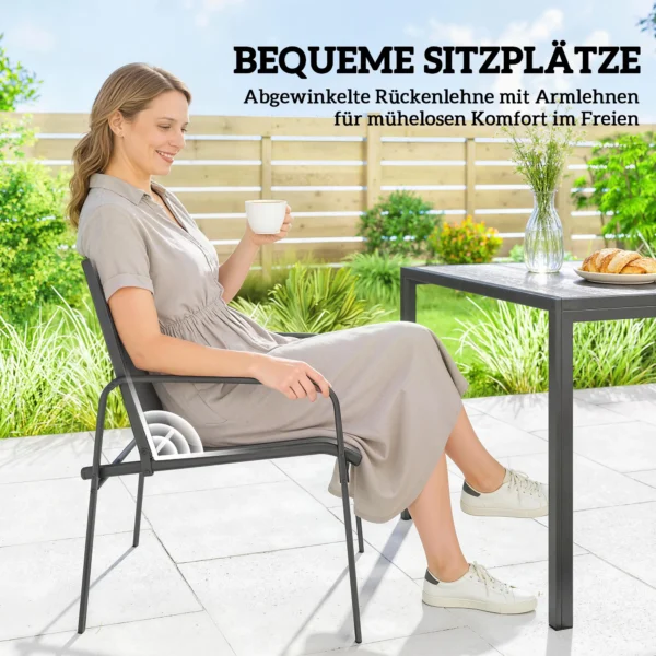 Tuinmeubelset Zitgroep 150 X 80cm Tafel Met 6 Ademende Stoelen Houtlook Stalen Frame Zwart