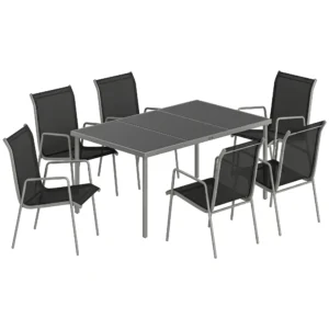 Tuinmeubelset Zitgroep 150 X 90cm Tafel Met 6 Ademende Stoelen Veiligheidsglas Tafelblad