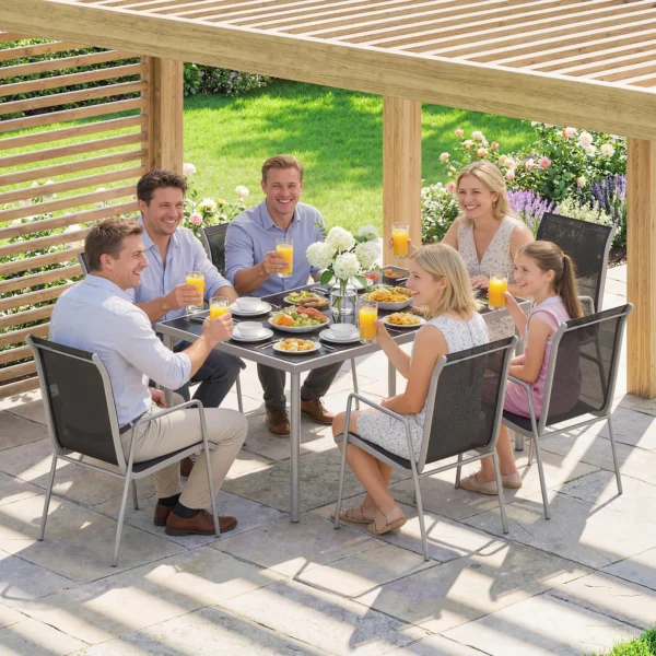 Tuinmeubelset Zitgroep 150 X 90cm Tafel Met 6 Ademende Stoelen Veiligheidsglas Tafelblad