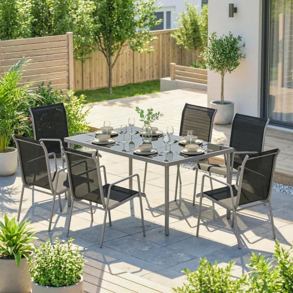 Tuinmeubelset Zitgroep 150 X 90cm Tafel Met 6 Ademende Stoelen Veiligheidsglas Tafelblad