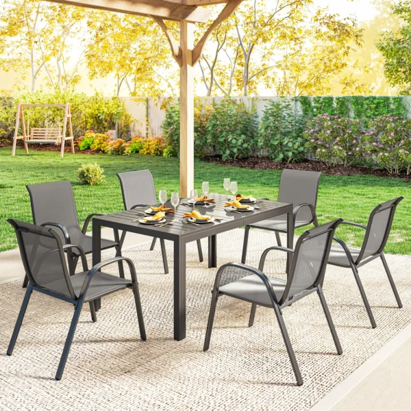 Tuinmeubelset Zitgroep 7 delig Tafel Met 6 Ademende Stapelstoelen Lameldesign Lichtgrijs