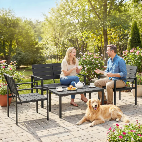 Tuinmeubelset Zitgroep Voor 4 Personen Tuinlounge Met 2 zits Bank, 2 Fauteuils, Bijzettafel Lamellendesign Zwart