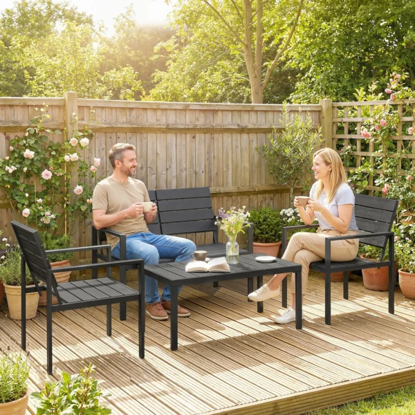 Tuinmeubelset Zitgroep Voor 4 Personen Tuinlounge Met 2 zits Bank, 2 Fauteuils, Bijzettafel Lamellendesign Zwart