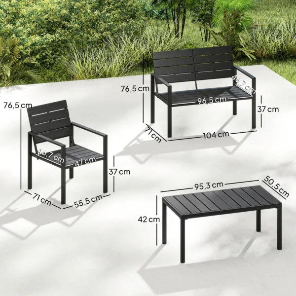 Tuinmeubelset Zitgroep Voor 4 Personen Tuinlounge Met 2 zits Bank, 2 Fauteuils, Bijzettafel Lamellendesign Zwart