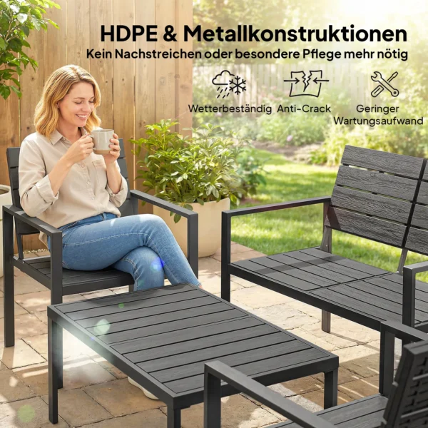 Tuinmeubelset Zitgroep Voor 4 Personen Tuinlounge Met 2 zits Bank, 2 Fauteuils, Bijzettafel Lamellendesign Zwart