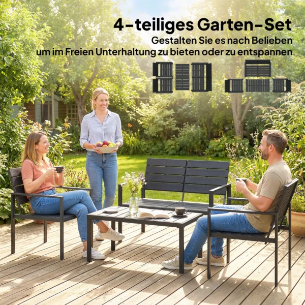Tuinmeubelset Zitgroep Voor 4 Personen Tuinlounge Met 2 zits Bank, 2 Fauteuils, Bijzettafel Lamellendesign Zwart