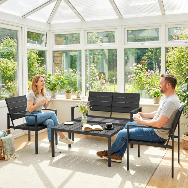 Tuinmeubelset Zitgroep Voor 4 Personen Tuinlounge Met 2 zits Bank, 2 Fauteuils, Bijzettafel Lamellendesign Zwart