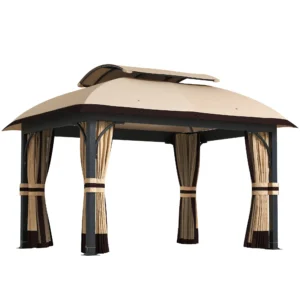 Tuinpaviljoen, 3,3 X 4 M Tuintent Met Netgordijnen, Twee laags Dak, Kunstlederen Bekleding, Metalen Frame, Khaki