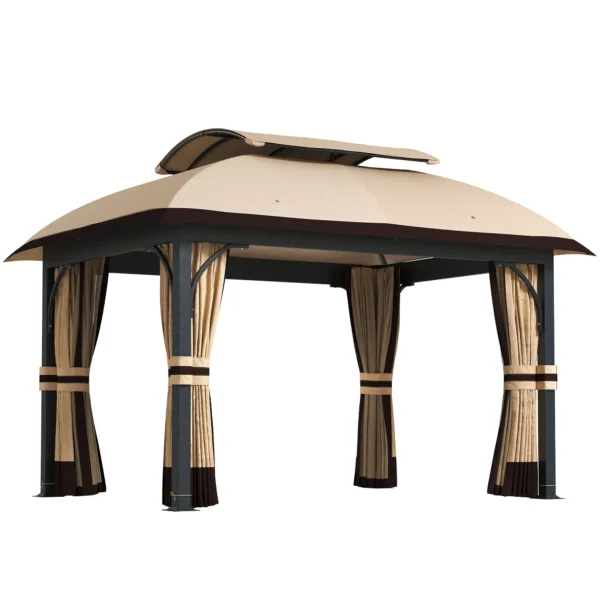 Tuinpaviljoen, 3,3 X 4 M Tuintent Met Netgordijnen, Twee laags Dak, Kunstlederen Bekleding, Metalen Frame, Khaki