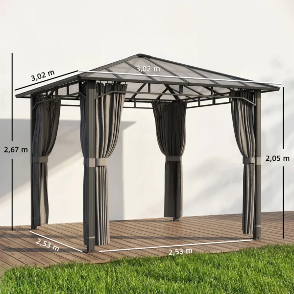 Tuinpaviljoen Ca. 3 X 3 M Metalen Paviljoen Met 6 Mm Polycarbonaat Dak 4 Zijkanten, UV50+ Donkergrijs