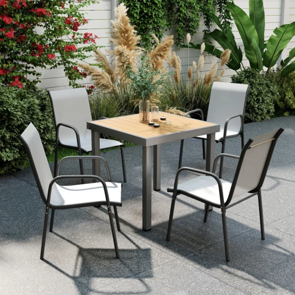 Tuinstoelen Set Van 4 Stapelbare Terrasstoelen Met Ademende Rugleuning, Armleuningen 120 Kg Belasting