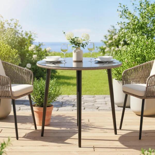 Tuintafel Stalen Buffettafel Met Stalen Frame, PE Rattan Rand, Verstelbare Voeten, 4 Personen 80 X 80 X 74 Cm Grijs