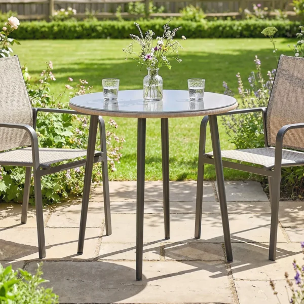 Tuintafel Stalen Buffettafel Met Stalen Frame, PE Rattan Rand, Verstelbare Voeten, 4 Personen 80 X 80 X 74 Cm Grijs