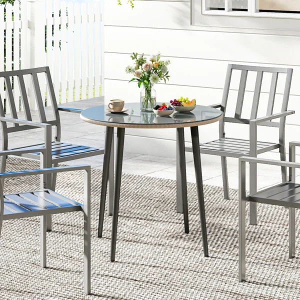 Tuintafel Stalen Buffettafel Met Stalen Frame, PE Rattan Rand, Verstelbare Voeten, 4 Personen 80 X 80 X 74 Cm Grijs