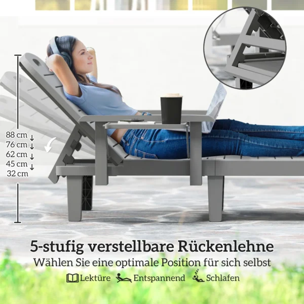 Tuinzonneligstoel Met Zijtafel In Houtlook, Ligstoel Met 5 voudig Verstelbare Rugleuning, Donkergrijs