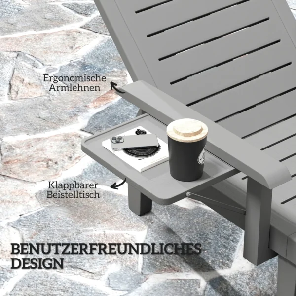 Tuinzonneligstoel Met Zijtafel In Houtlook, Ligstoel Met 5 voudig Verstelbare Rugleuning, Donkergrijs